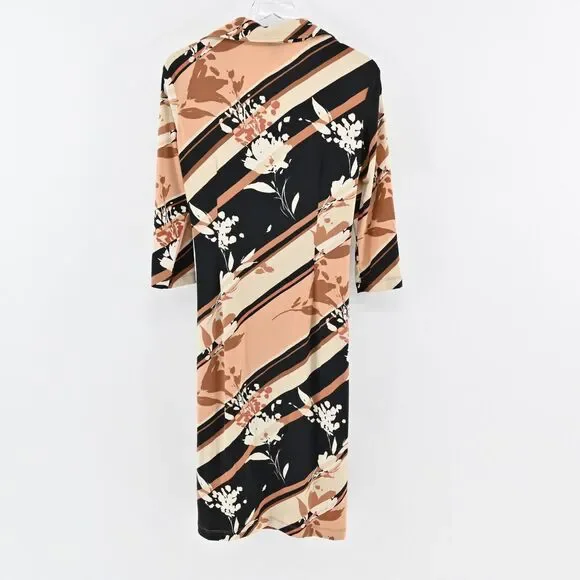 BCBGMAXAZRIA Dress Sz L Brown Stripe Floral Collared Faux Wrap Long Sleeve Midi - Picture 5 of 12